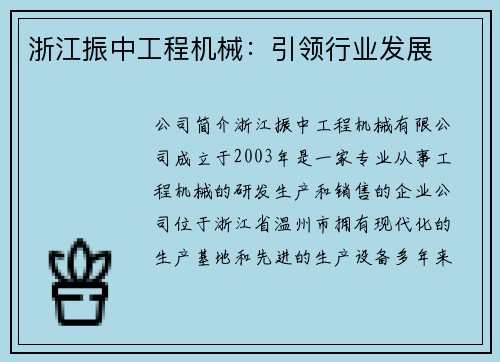 浙江振中工程机械：引领行业发展